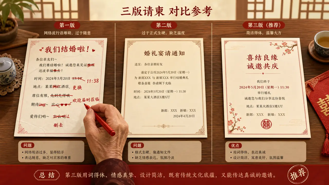 AI写婚礼请柬文案：长辈看得懂的措辞改法